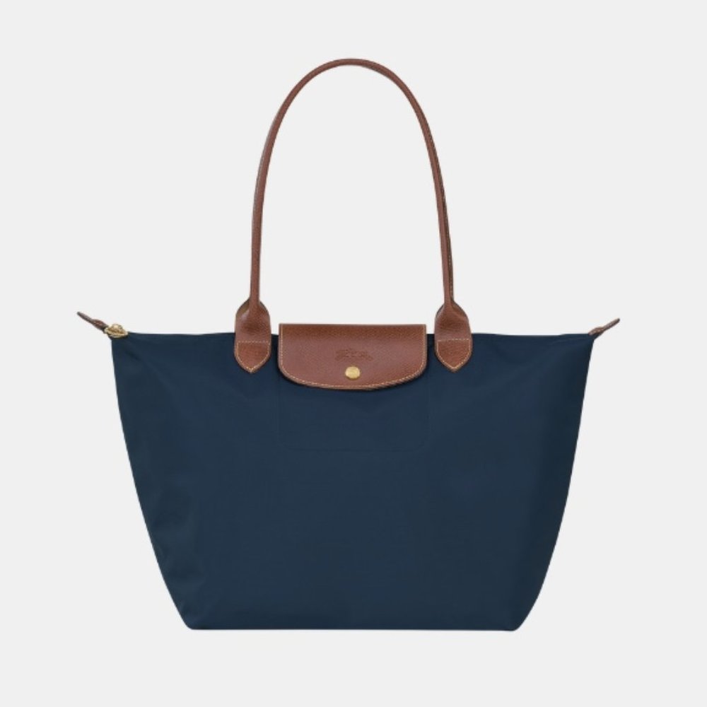 LONGCHAMP Large Tote Navy Brown Gold Nylon Leather Zip Shoulder Bag Travel